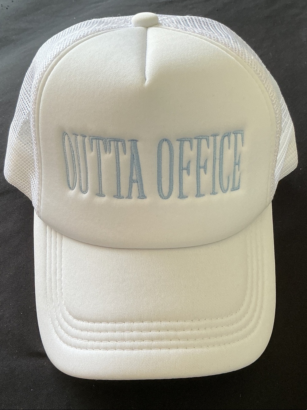 White "OUTTA OFFICE" Trucker Hat with Light Blue Embroidery